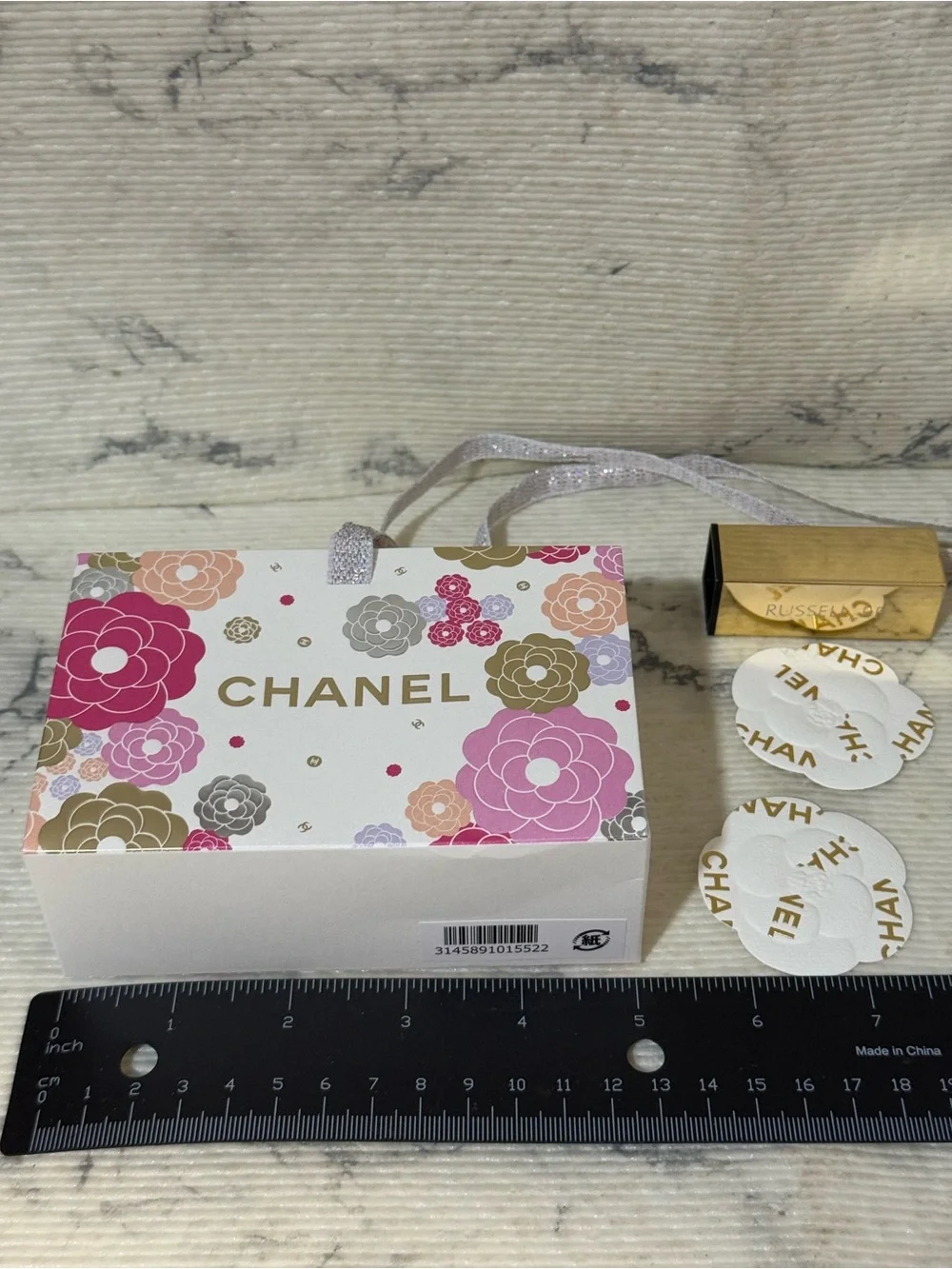 Chanel Beauty Pink Gold Camellia Floral Gift Bag with 2 Chanel Camellia Stickers